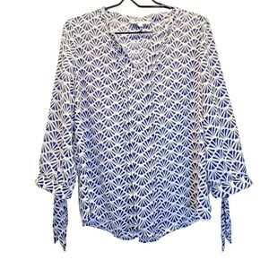 41 HAWTHORN Womens Sheer blue Tribal Print Embellished V Neck Tunic Shirt M.